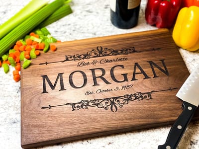 Filigree Last Name Charcuterie Board, serving board engraved by Naked Wood Works