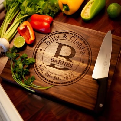 Circle Monogram Bridal Shower Board, cutting board engraved by Naked Wood Works
