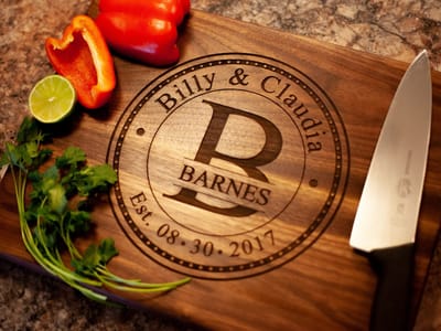 Circle Monogram Couples Cutting Board, cutting board engraved by Naked Wood Works