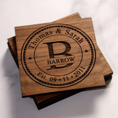 Circle Monogram Anniversary Coasters, coaster set engraved by Naked Wood Works