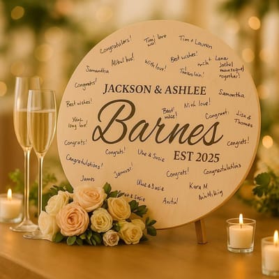 Round Wedding Signature Sign, guest book sign engraved by Naked Wood Works