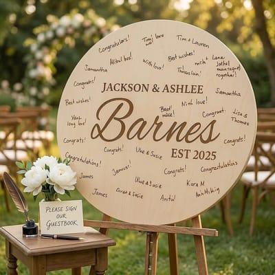 Round Guest Book Sign, guest book sign engraved by Naked Wood Works