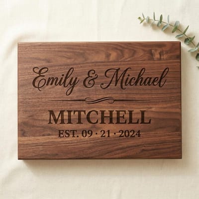 Script Names, Last Name and Date Board, cutting board engraved by Naked Wood Works