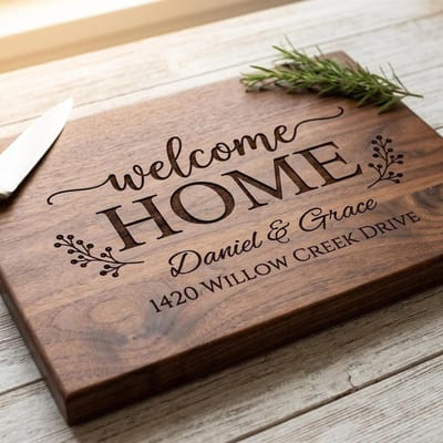 Welcome Home Address Cutting Board, cutting board engraved by Naked Wood Works