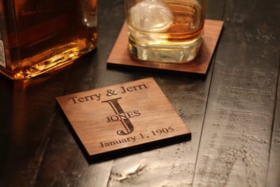 Split Initial Names and Date Coasters, coaster set engraved by Naked Wood Works