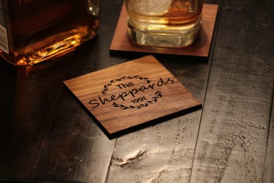 Laurel Wreath Family Name Coasters, coaster set engraved by Naked Wood Works