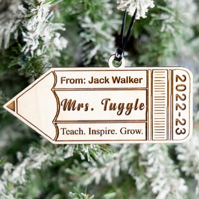 Teacher Pencil Ornament, ornament engraved by Naked Wood Works