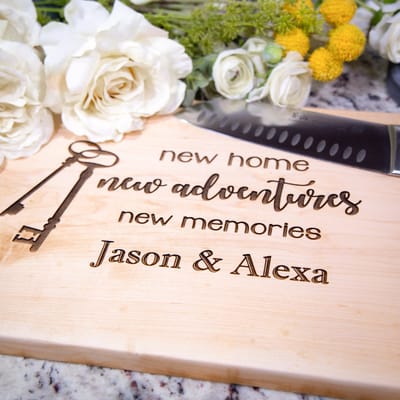 New Home, New Adventures Key Cutting Board, cutting board engraved by Naked Wood Works