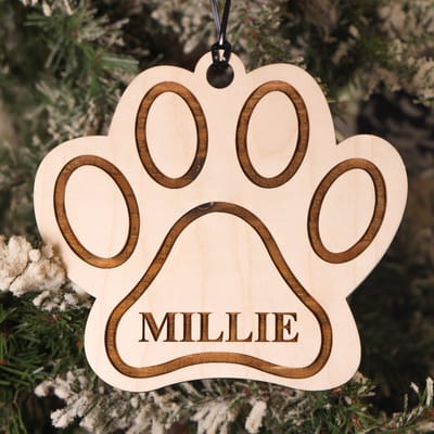 Pet Paw Name Ornament, ornament engraved by Naked Wood Works