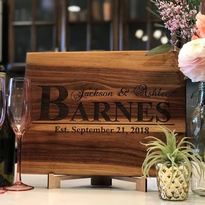 Bold Last Name Anniversary Cutting Board, cutting board engraved by Naked Wood Works