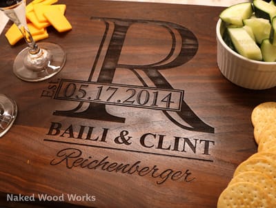 Large Initial Framed Date Charcuterie Board, serving board engraved by Naked Wood Works