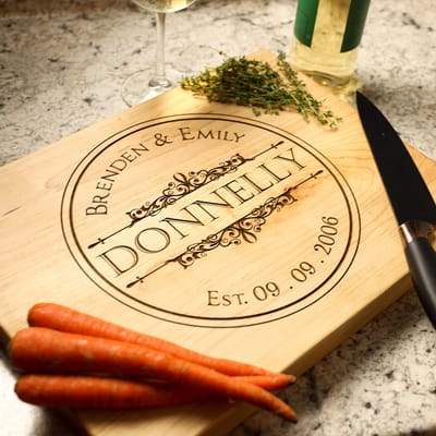 Flourish Circle Last Name Board, cutting board engraved by Naked Wood Works